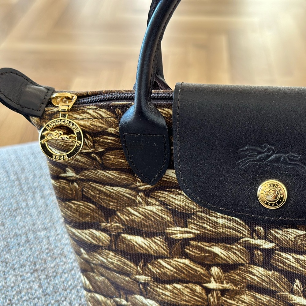 Longchamp Brown and Black Woven-Print Le Pliage Top-Handle Bag